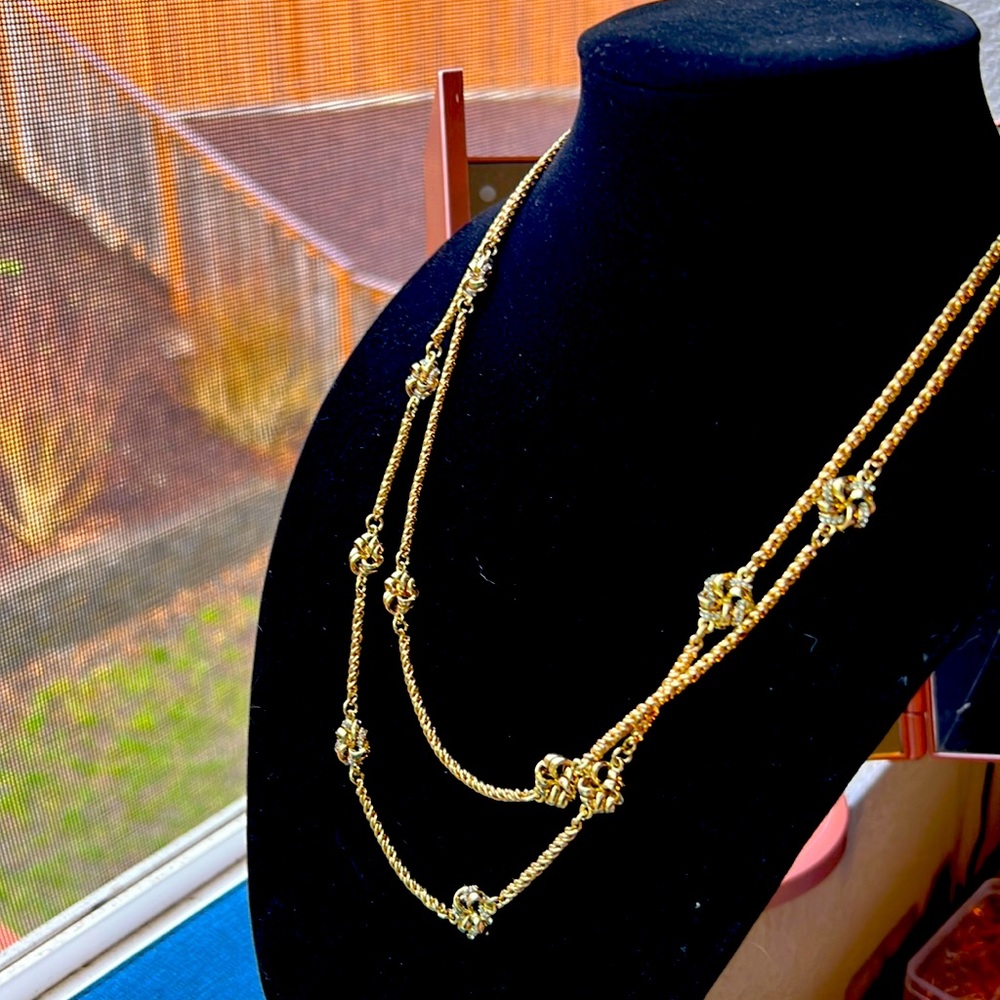 Love Knot Double Row Necklace Sprinkled with Glittering Rhinestones Golden NWT